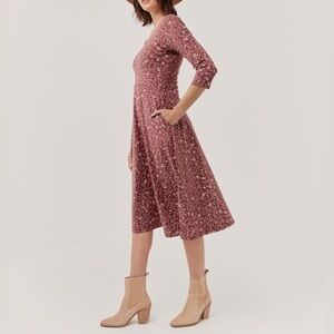 Pact Organic Cotton Fit & Flare Pink Floral Midi Dress with Pockets Size Medium